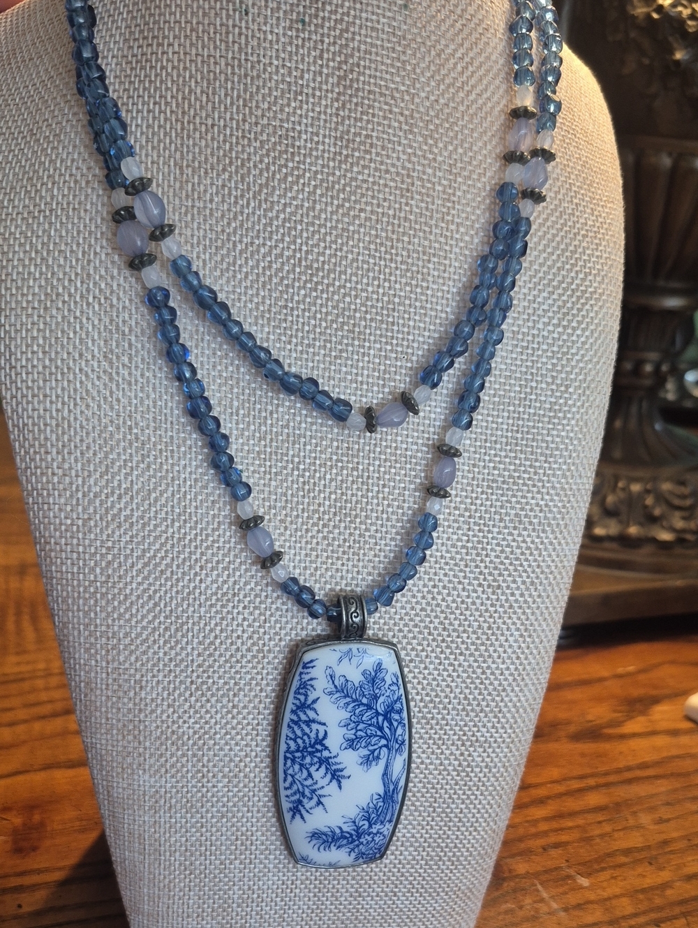 Vintage Blue And White Necklaces With Reversible Pendant